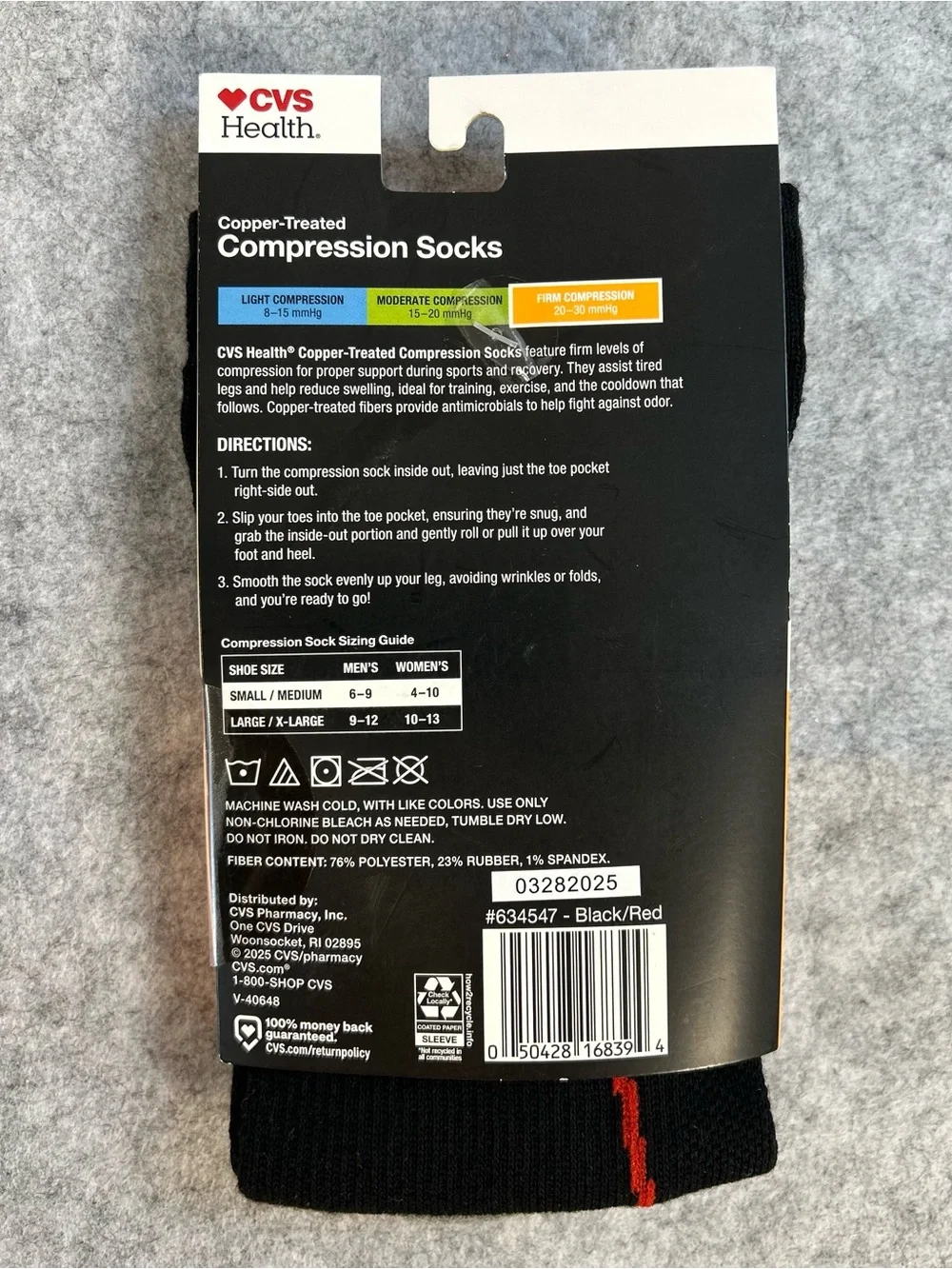 CVS Firm Support Copper-Treated Compression Socks, S/M, Black/Red, 1 pr